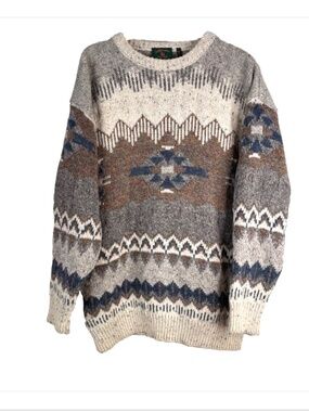 VTG Gaeltarra Ireland 100% Wool Sweater L Made in Ireland Beige Geometric Nordic